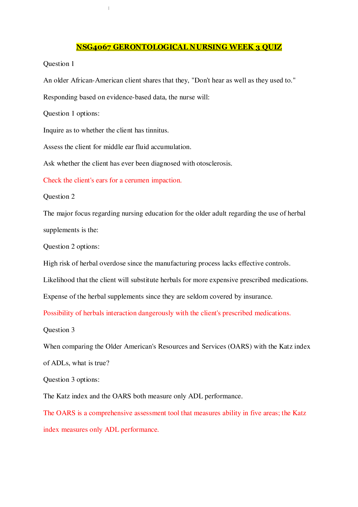 Preview image for NSG4067 GERONTOLOGICAL NURSING WEEK 3 QUIZ